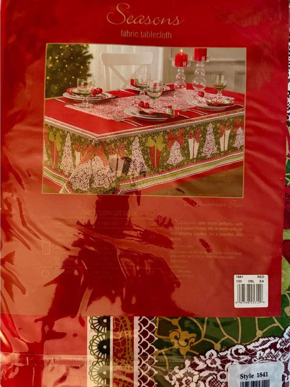 NWT Seasons Christmas Fabric Tablecloth 60x120 Red Green Gold Holiday